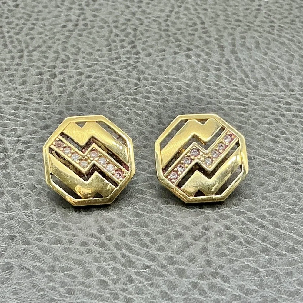 Vintage Avon Earrings Gold Tone Octagon Stud Womens Rhinestone Clip‎ On Jewelry